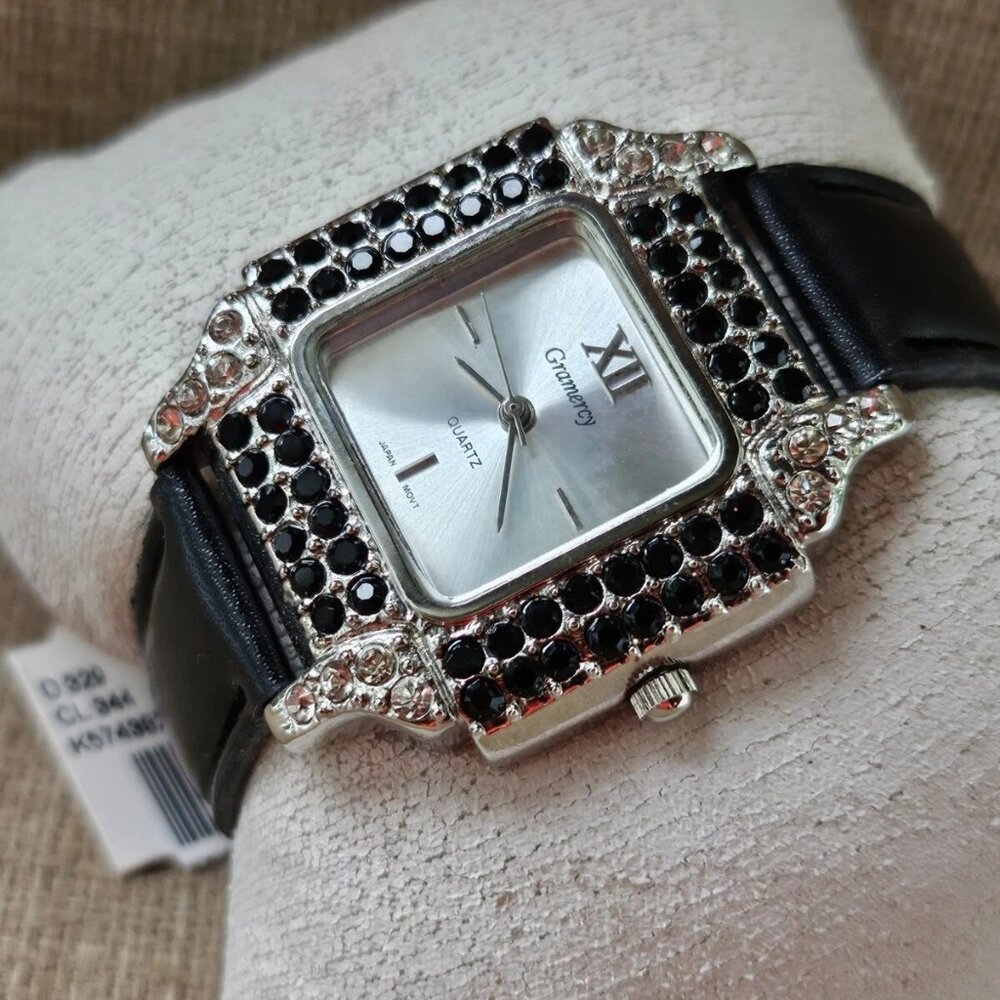 Gramercy Women Wristwatch Black Strap Black/Clear Crystals Accent Bezel Watch